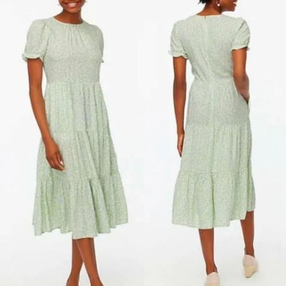 J.Crew Factory Sage Green Floral Puff Sleeve Tiered Midi Dress XXS